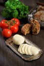 Mozzarella, tomatoes, bread, basil