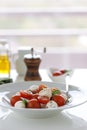 Mozzarella with tomatoes, italian herbs and salad leaves on a white plate on a table Royalty Free Stock Photo