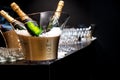 Moet & Chandon champagne tasting in event . Many glasses and bottles of champagne in to the ice with Moet & Chandon logo Royalty Free Stock Photo