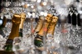 Moet & Chandon champagne tasting in event. Many glasses and bottles of champagne in to the ice with Moet & Chandon logo Royalty Free Stock Photo