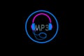 MP3. Headset graphic. Icon, button on black color background.