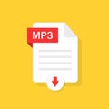 Mp3 icon. Download audio file. Symbol of mp3 format. Type of file of music. Click button and download of sound document. Element