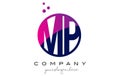 MP M P Circle Letter Logo Design with Purple Dots Bubbles