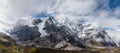 77MP Panoramic photo Mera peak 6476m with glacier lakes and snowy summits covered in white clouds. Himalayas climbing route near Royalty Free Stock Photo