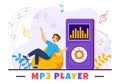 MP3 Player Vector Illustration with Musical Notation, Headphones, Headset and Phone of Music Listening Devices in Mobile App Royalty Free Stock Photo