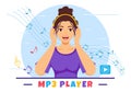 MP3 Player Vector Illustration with Musical Notation, Headphones, Headset and Phone of Music Listening Devices in Mobile App Royalty Free Stock Photo