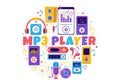 MP3 Player Vector Illustration with Musical Notation, Headphones, Headset and Phone of Music Listening Devices in Mobile App Royalty Free Stock Photo