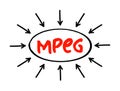 MPEG - Moving Picture Experts Group acronym text with arrows, technology concept for presentations and reports