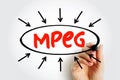 MPEG - Moving Picture Experts Group acronym text with arrows, technology concept for presentations and reports