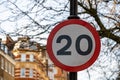 20mph speed limit sign in city centre Royalty Free Stock Photo