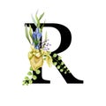 mposition. Flower letFloral spring alphabet. Capital letter R. Font element with spring garden flower bouquets coter