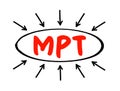 MPT Modern Portfolio Theory - mathematical framework for assembling a portfolio of assets, acronym text concept with arrows