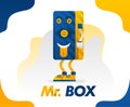 Mr box, a box monster with sticking out a tongue in a simple style for kids because it`s funny, concept vector illustration. can