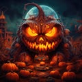 Mr Halloween Is Here For You. His spirit burns inside a evil expression pumpkin. Generative AI (300 Real DPI)