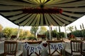 MR and MRS chairs for bride and groom at wedding decoration with luxury wedding awning decorated with natural flowers