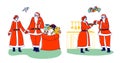 Mr and Mrs Claus Characters Celebrate Winter Holidays. Happy Santa and his Wife Holding Hands, Eating Cookies with Gifts