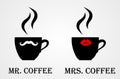 Mr and Mrs Coffee Logo, Cafe Icon vector illustrationCup of coffee. Cup of tea. Cup of hot chocolate. Logo Royalty Free Stock Photo
