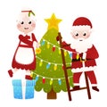 Mr and Mrs Santa Claus decorating christmas tree in cartoon style on white background, clip art for poster design Royalty Free Stock Photo
