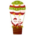 Mr and Mrs Santa Claus flying on hot air balloon and waving hands in cartoon style on white background, clip art Royalty Free Stock Photo