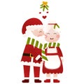 Mr and Mrs Santa Claus kissing under the mistletoe at the christmas party in cartoon style on white background Royalty Free Stock Photo