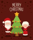 Mr and mrs santa claus with one christmas tree on red background Royalty Free Stock Photo