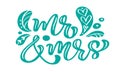 Mr and Mrs turquoise calligraphy lettering vintage vector text with scandinavian elements. For Valentines Day or wedding