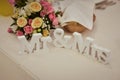 Mr & Mrs wooden text on a wedding table Royalty Free Stock Photo