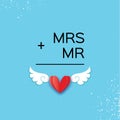 Mr and Mrs words. Mister plus Missis equal love on sky blue. Paper cut Red heart and angel wings. Romantic card For Royalty Free Stock Photo