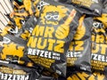 Mr nutz pretzel mini bites with peanut and hazelnut chocolate flakes Royalty Free Stock Photo