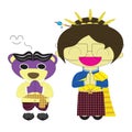 Mr.Purple bear and friend in Thai costume greet by paying obeisance,Children raised hands to pay respect to welcome