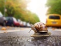 Mr. Snail is crossing an asphalt road for dangerous cars
