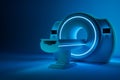 MRI machine, magnetic resonance imaging machine on a dark blue background. Concept medicine, technology, future. 3D rendering, 3D