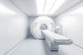 MRI machine stands in a spotless, white minimalistic room illuminated by gentle ceiling lighting Royalty Free Stock Photo