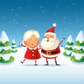 Mrs Claus and Santa Claus celebrate Christmas holidays - cute and happy vector illustration on winter landscape Royalty Free Stock Photo