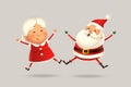 Mrs Claus and Santa Claus jumping - happy expression - cute vector illustration isolated