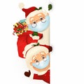 Mrs. Claus Together. Vector cartoon character of Happy Santa Claus and his wife with medical mask, signboard