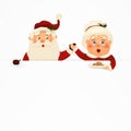 Mrs. Claus Together. Vector cartoon character of Happy Santa Claus and his wife with signboard, advertisement banner Royalty Free Stock Photo