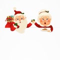 Mrs. Claus Together. Vector cartoon character of Happy Santa Claus and his wife with signboard, advertisement banner Royalty Free Stock Photo