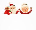 Mrs. Claus Together. Vector cartoon character of Happy Santa Claus and his wife with signboard, advertisement banner. Cute Santa Royalty Free Stock Photo