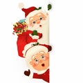 Mrs. Claus Together. Vector cartoon character of Happy Santa Claus and his wife with signboard, advertisement banner Royalty Free Stock Photo