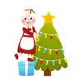 Mrs Santa Claus character decorating christmas tree and gift boxes in cartoon style on white background