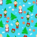 Mrs. Santa, elves, Christmas trees, gingerbread cookies and letters on a blue background. Vector seamless pattern in cartoon style Royalty Free Stock Photo