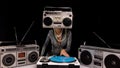 Woman with ghettoblaster as a head Djing