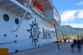 MSC Seashore cruise ship docked at tropical island Royalty Free Stock Photo