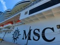 MSC Seashore cruise ship docked at tropical island Royalty Free Stock Photo