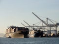 MSC Shipping boat pulled by tugboats as another PO Shipping boat is unloaded by cranes in Oakland Harbor