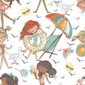 087mSeamless pattern with cute girls relaxing on the beach