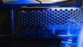 MSI graphics card ports in blue light close-up