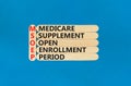 MSOEP symbol. Concept words MSOEP medicare supplement open enrollment period on wooden stick. Beautiful blue background. Medical