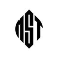 MST circle letter logo design with circle and ellipse shape. MST ellipse letters with typographic style. The three initials form a